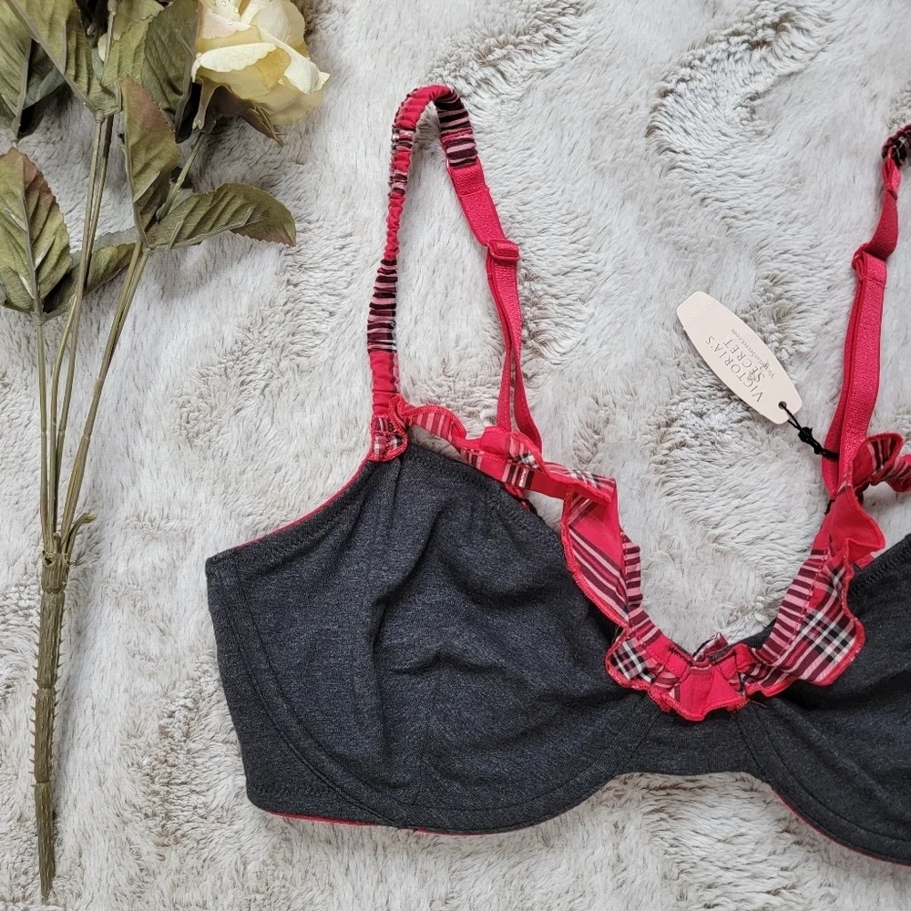 Victoria's Secret Gray Red Plaid Trim Bells Accent Unlined Demi Bra NWT Size 36D